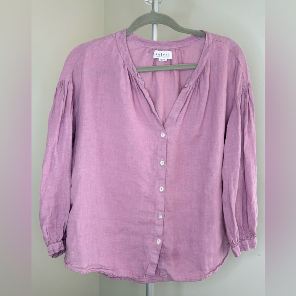 Velvet by Graham & Spencer Rose Pink linen flowy peasant blouse 3/4 sleeve sm EC - Picture 4 of 9